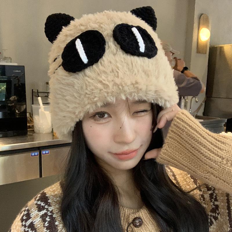 Autumn and winter cute cat big eyes plush knitted hat couple thickened warm big head circumference versatile basin hat