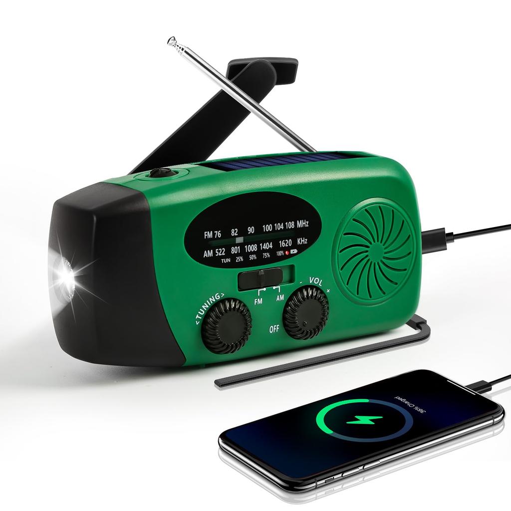 Multifunkční nouzové rádio s baterkou, přenosné s vysokou kapacitou 6000 mAh, nabíjení smartphonu, nabíjení klikou, solární nabíjení, LED světlo,