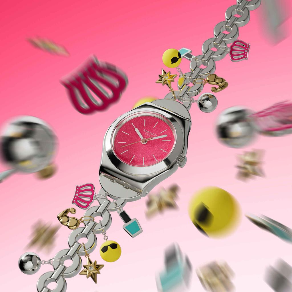Swatch Křemenný strojek 30 metrů vodotěsný přívěsek náramek dámské hodinky Švýcarské hodinky 25mm růžový ciferník nerezové pouzdro YSZ101G