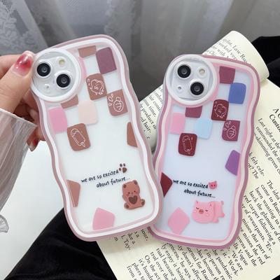 Transparentní silikonový obal Wave Edge Painted pro Xiaomi Redmi Note 10 11 12 iPhone 15 14 13 11 Samsung A54 A34 A24 Funda Cat Piggy Bear Cover Cover Bumper