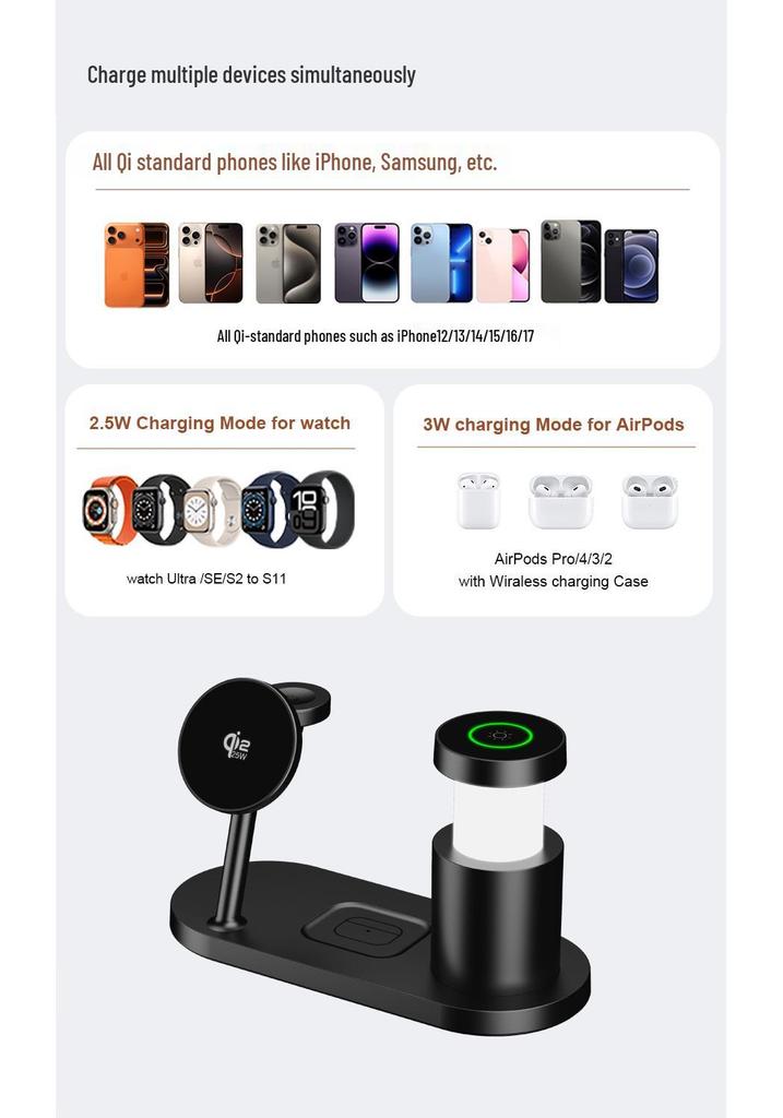 Qi2.2 Magnetic Wireless Charger & Night Light for Apple Phones, Watches, Earbuds