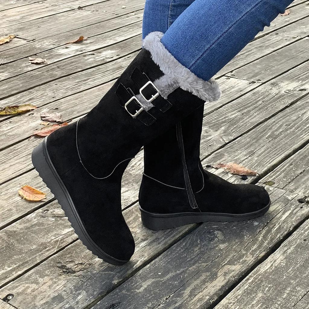 Women Winter Shoes 2024 New Chunky Heel Mid-calf Plush Snow Boots Fashion Female Warm Chelsea High Fur Boot Botas Mujer Invierno