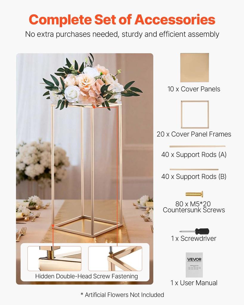 Wedding Flower Stand, 10PCS 60cm Column Flower Stand, Floral Stands with Metal Laminate, Gold Rectangular Floral Display Rack for Wedding, Party,