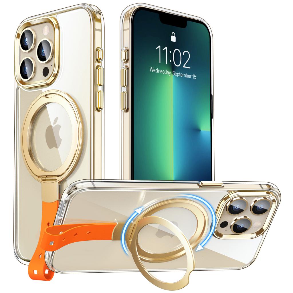 For iPhone 13 Pro Magnetic Case Shockproof Hard PC Phone Cover Rotatable Ring Holder Kickstand