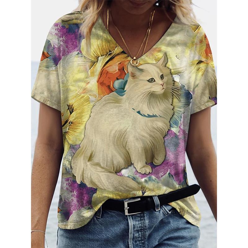 Módní jarní halenky s potiskem koťátka, trička s krátkým rukávem a výstřihem do V, ležérní