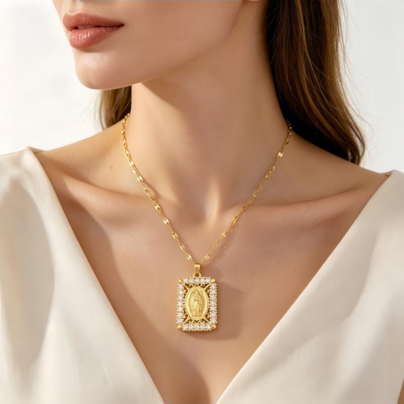 Gold Plated Maria Necklace Cubic Zircon Heart Choker For Women Mary Titanium Steel Chain Religious Jewelry