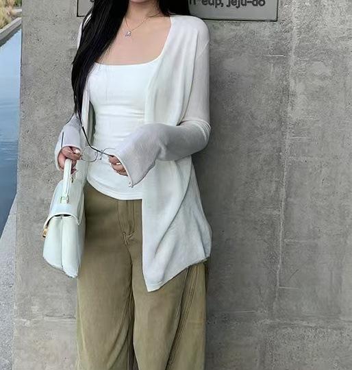Long-sleeved thin slightly transparent lazy wind medium and long outer sunscreen blouse women's spring summer coat knitted cardigan top