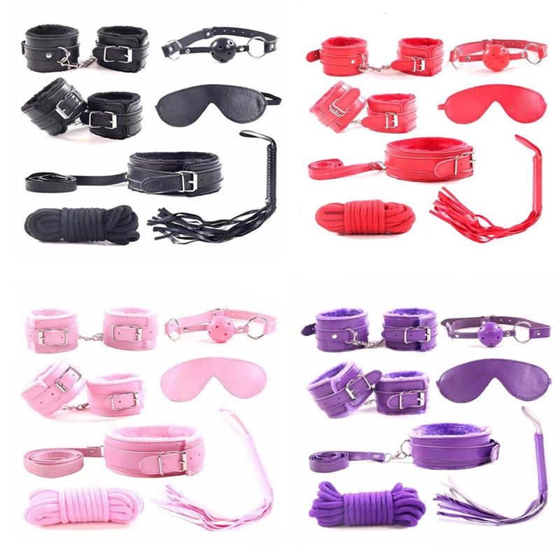 7pcs/set for Woman PU Leather SM Bondage Set Sex Handcuffs Footcuffs Whip Rope Eye Mask Blindfold Erotic Toys Couples