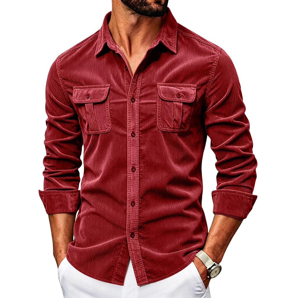 Men's Corduroy Shirt Slim Fit Long Sleeve Button Down Casual Business Shirt Two Chest Pockets Classic Collar Soft Fabric