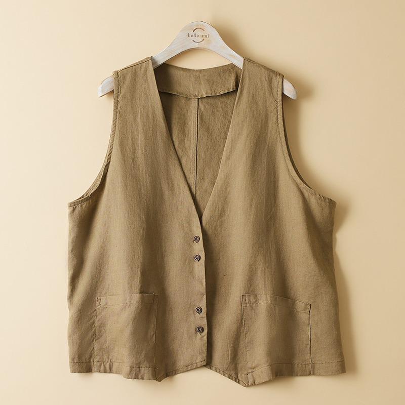 

Летний женский однотонный жилет без рукавов из хлопка и льна с V-образным вырезом 2025 M