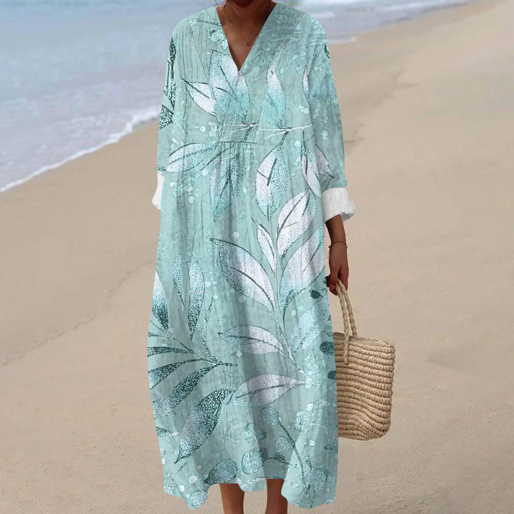Γυναικείο Casual Μόδα Μακρύ Φόρεμα Μάξι με V Λαιμόκοψη και Μακρύ Μανίκι με Φλοράλ Μοτίβο