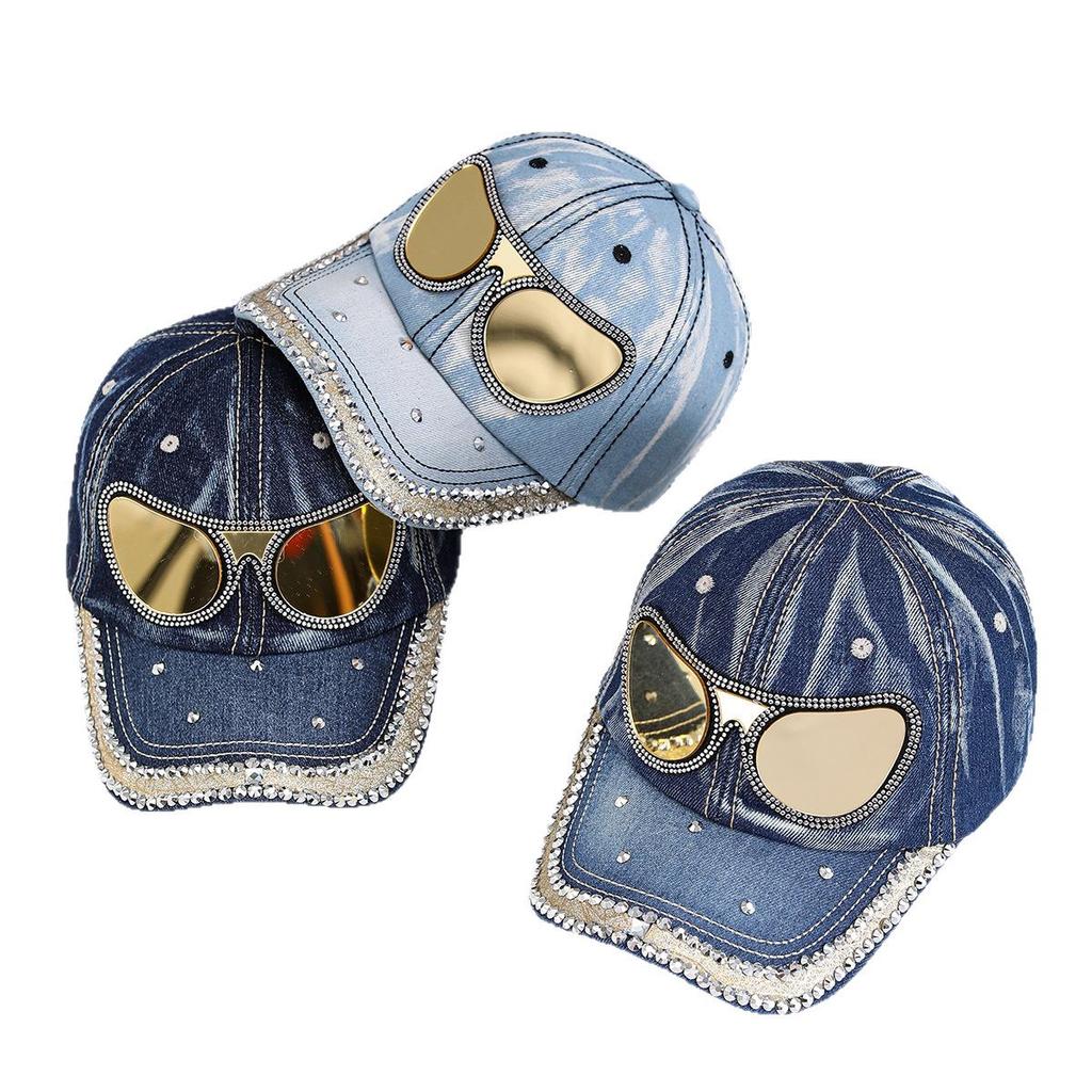 European & American Fashion Rhinestone Denim Baseball Cap with Curved Brim