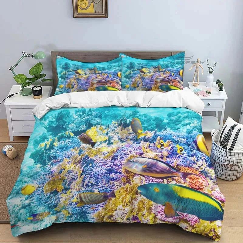 Ocean World Marine Life Art Pattern Comforter Bedding Set,Duvet Cover Bed Set Quilt Cover Pillowcase,King Queen Size Bedding Set