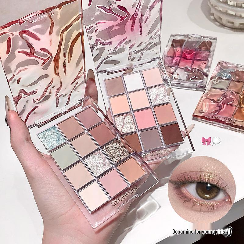 Gege Bear Water Ripple Eyeshadow Palette - Colorful, Pearlescent & Matte Earth Tones, Waterproof, No Fallout, Student-Friendly.
