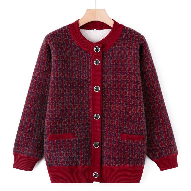 Middle-aged and Elderly Autumn and Winter Clothes Plus Velvet Thick Cardigan Sweater Female Mother Warm Sweater Jacket Elderly Grandma Clothes