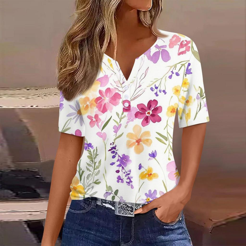 Dámské ležérní tričko s potiskem, výstřihem do V, krátkým rukávem a ozdobnými knoflíky