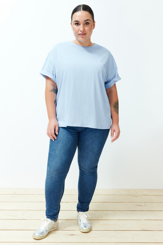 Women's Fashion Plus Size T-Shirt Crew Neck Short Orange Slit and Ruffle Detailed Boyfriend Knitted T-shirt