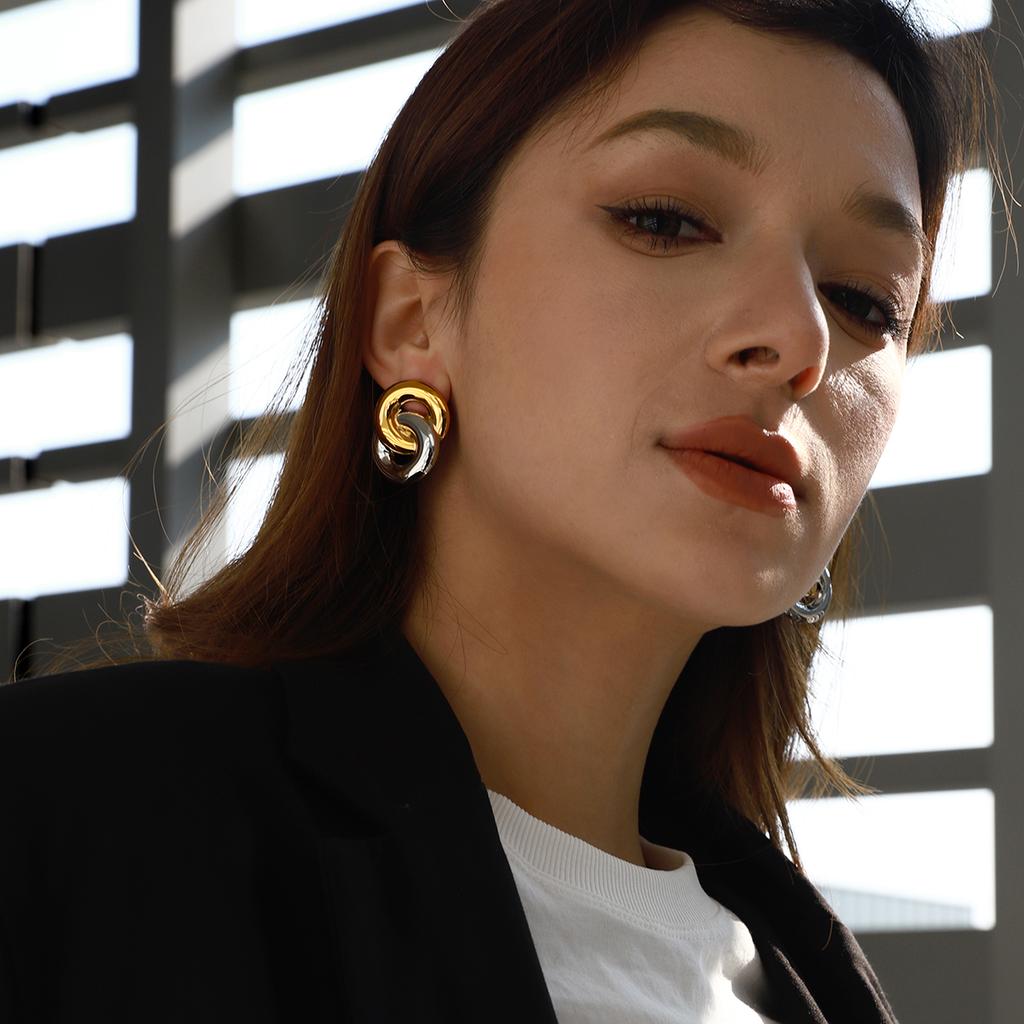 Yori Stainless Steel Double Circle Link Geometric Stud Earrings 18K PVD Plated Popular Jewelry Wholesales Accessories