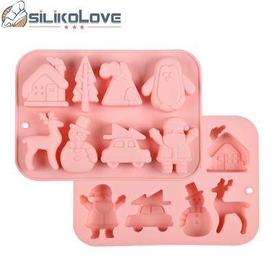 8 Firmen von weihnachtlichen Kuchenformen, wie Pinguinhaus, Elchwagen, Cartoon-Festatmosphäre Schokoladen-Silikonform