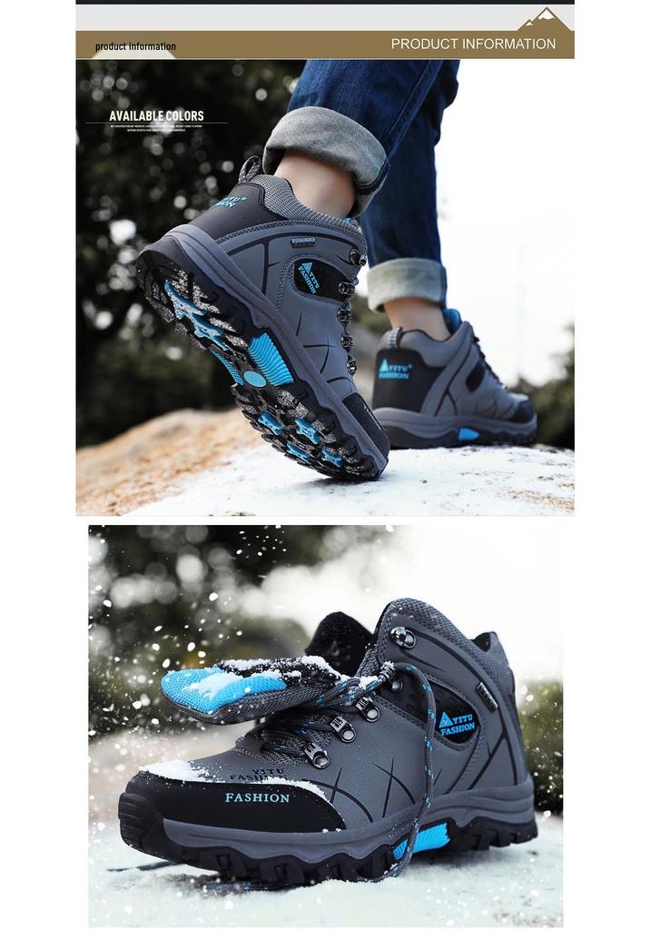 Men's High-Top Waterproof Leather Hiking Boots, Warm, Velvet-Lined, Thick-Sole, Large Size, Autumn/Winter Outdoor Off-Road Footwear.
