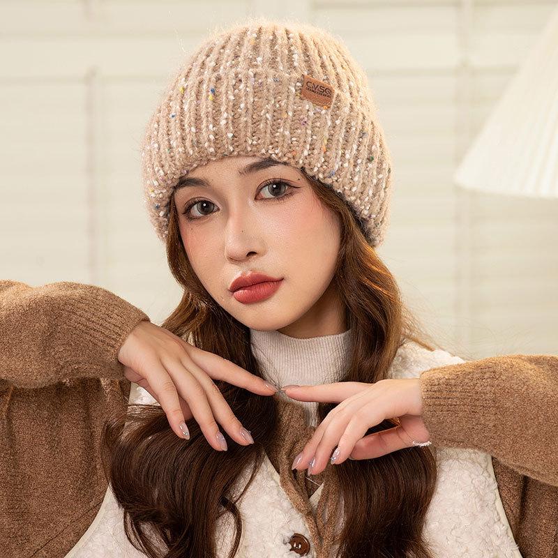 Small leather label dot knitted warm hat women's winter pullover ear protection cycling hat outdoor knitted straight hat