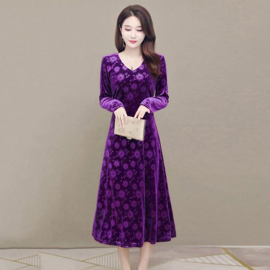 Kadın Sonbahar Kış Elbise V Yaka Kalın A-line Slim Fit Uzun Kollu Vintage Aplike Baskılı Orta buzağı Uzunluğu Bayan Midi Elbise