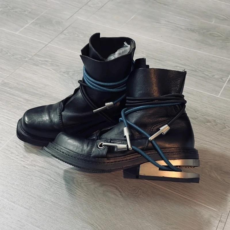 Fashion Men's Genuine Leather Motorcycle Boots Strange Metal Chunky Heel Mid-Calf Round Toe Elastic Band Western Boots Women