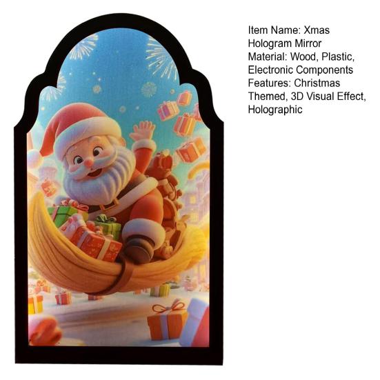 Christmas Hologram Mirror Light-up 3D Visual Effect Santa Claus Ornament USB Powered Holographic Xmas Tree Santa Decoration for Home Festive Decor
