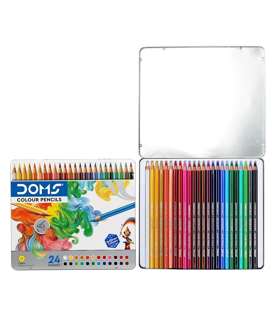 Doms 24 Shades Super Soft Color Pencils Flat Tin Box for Smooth Blending Kids Safe Non Toxic Pack of 1 Multicolor