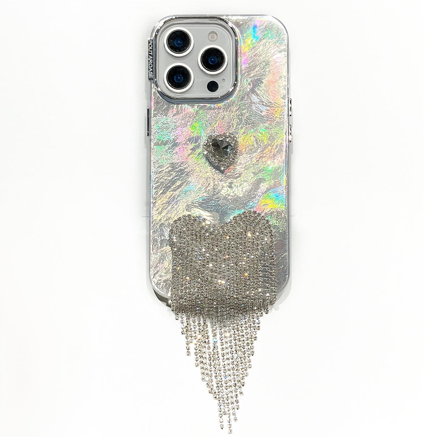 

Для iPhone 16 Pro Max Чехол ПК ТПУ Задняя крышка телефона Ледяной узор со стразами Кисточка-сердечко A