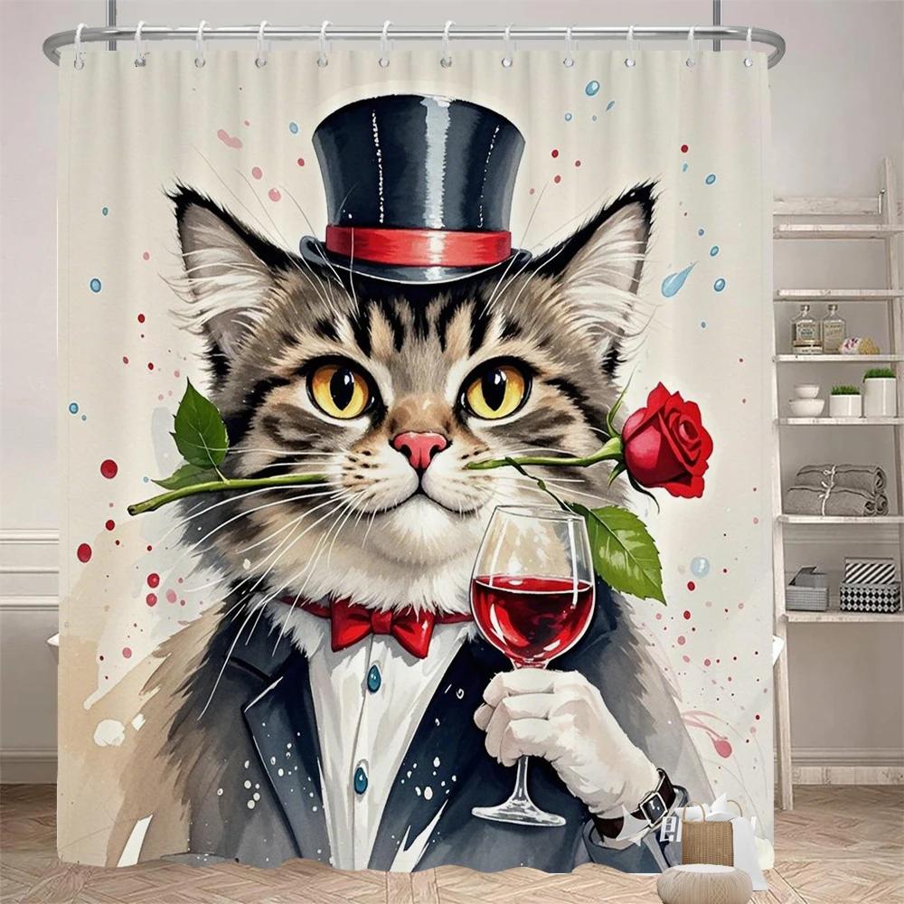 Watercolor cats and dogs funny shower curtain bathroom curtain Amusing and creative animal Decorative curtain with hooks