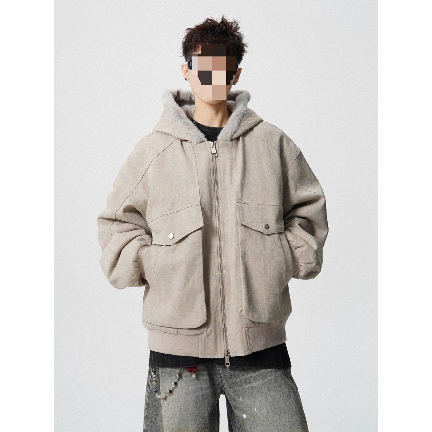 Unisex Retro Marble Base Hooded Cotton Jacket - Plush Lined Winter Coat Large