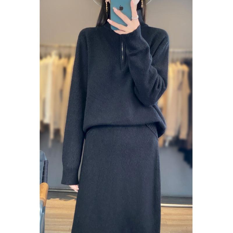 Half Zipper Turtleneck Sweater Two-piece Set Autumn and Winter New Casual Thick Skirt Knitted Sweater Set Women