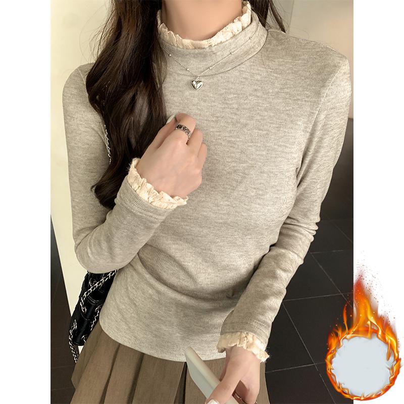 

Элегантная модная повседневная футболка с воротником-стойкой для женщин, круглый вырез, осенняя кружевная футболка, облегающая женская футболка, топы, тонкие однотонные винтажные женские футболки 2482 S светло-серый