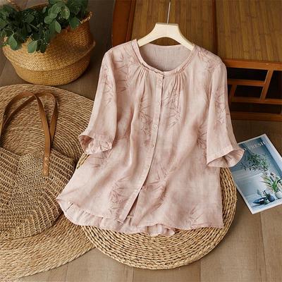 3365 Women's Lightweight Ink Bamboo Print Summer Ramie Top - Breathable & Unique Style