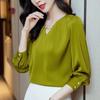 Office Lady Elegant V-Neck Shirt Female Clothing Folds Fashion Pearl Chain Spring Autumn Long Sleeve Loose Solid Color Blouse