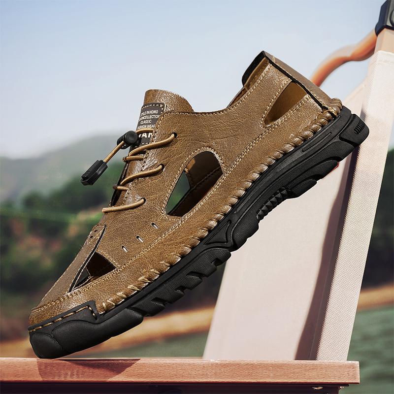 Fashion Summer Outdoor  Comfort Men Sandals Breathable Leisure Beach Vacation Men Hollow Out Shoes Quality Split Leather The Men Sandals