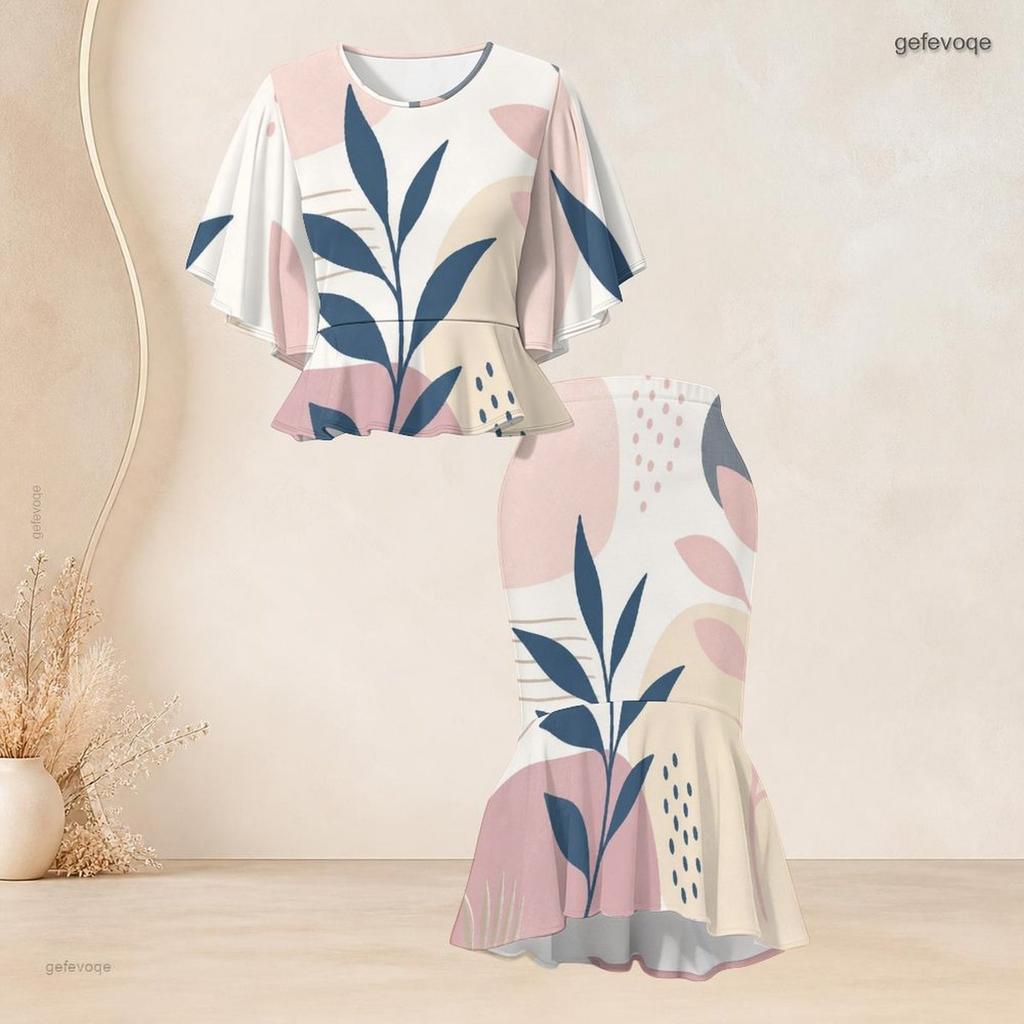 Women Plus Size Navy Golden Printed Round Neck Batwing Sleeve Ruffle Hem Top Fishtail Skirt Two Piece Set