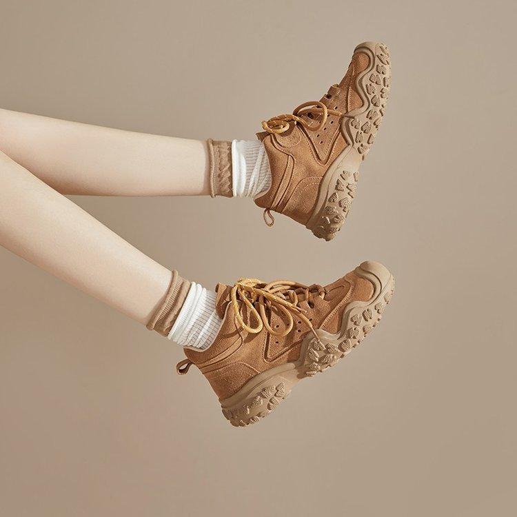 Leather platform sneakers women's 2025 new autumn brown short boots retro outdoor hiking desert boots