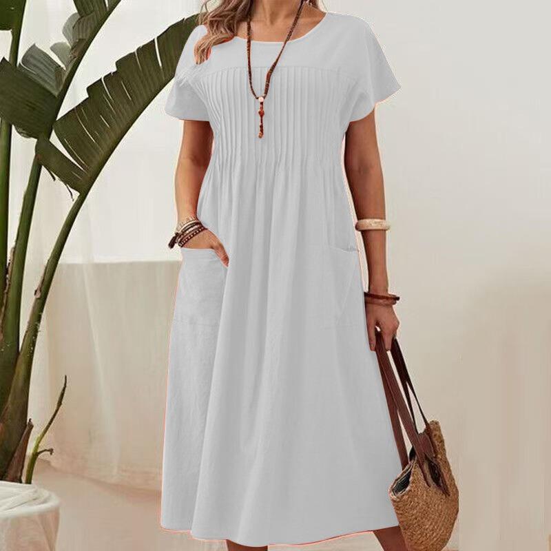 Summer Pockets Casual Dress New Plus Size Solid Color Round Neck Short Sleeve Fashion Party Dress A-line Pleated Loose Slim Elegant Dresses Clothing