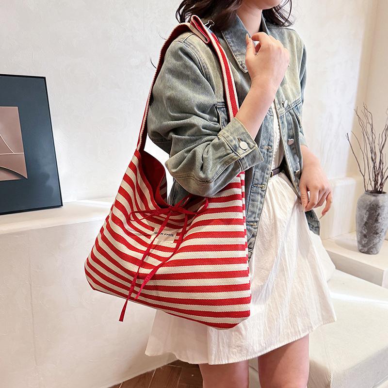 Bow striped canvas bag women lazy large capacity lightweight shoulder messenger bag