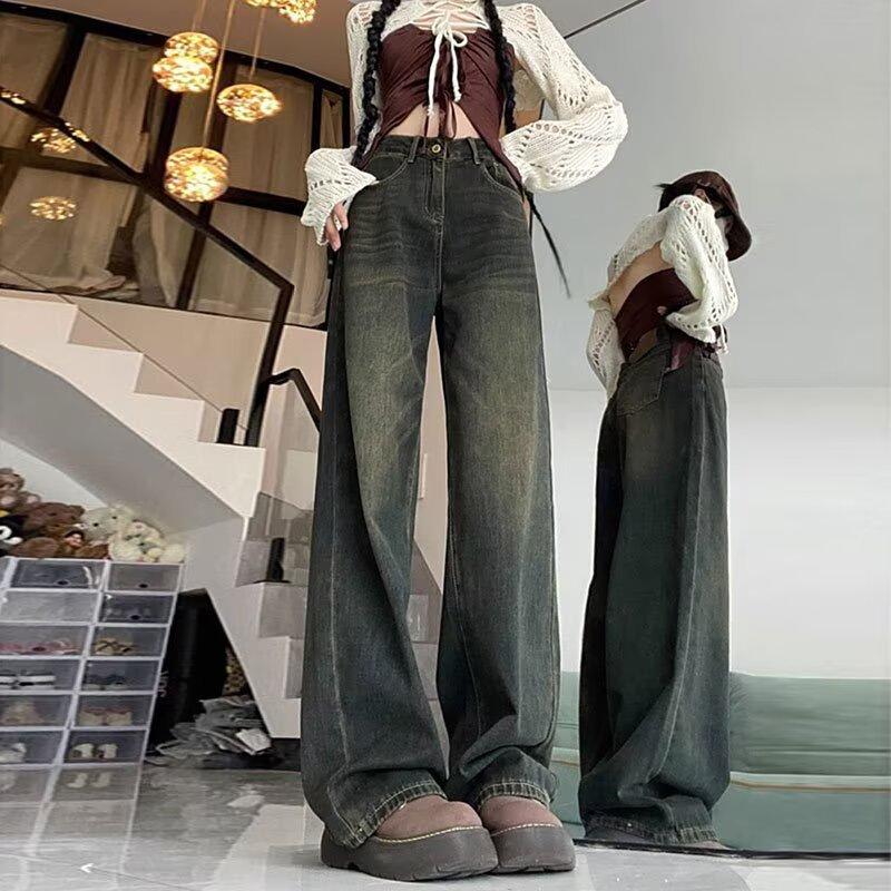 Cement Gray Wide-leg Jeans Women's Spring and Autumn New High-waisted Loose Niche Design Thin Versatile Straight-leg Pants