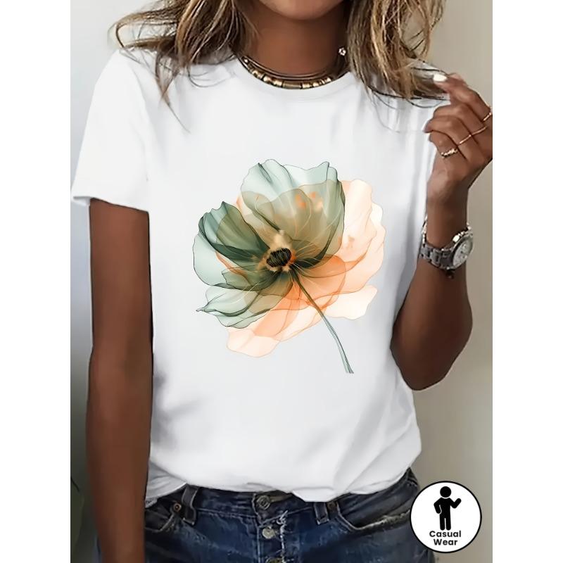 

Flower pattern spring and summer casual short sleeved T-shirt, women s clothing S