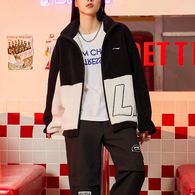 Li-Ning Sports Fashion Series Large Logo Color Block Sherpa Jacket Unisex Jacket Black AFDR910-1