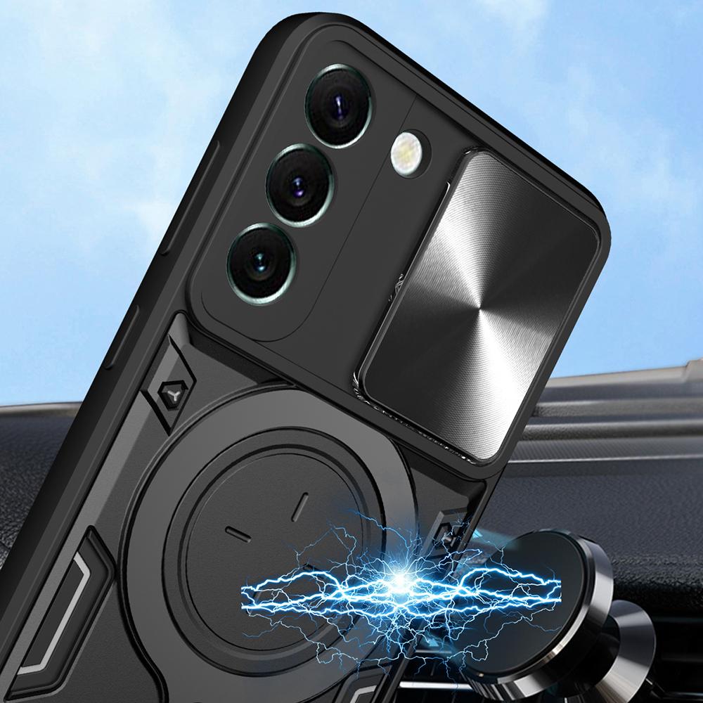 For Samsung Galaxy S22 5G Rotatable Kickstand Back Cover PC+TPU Phone Case with Slide Camera Lid