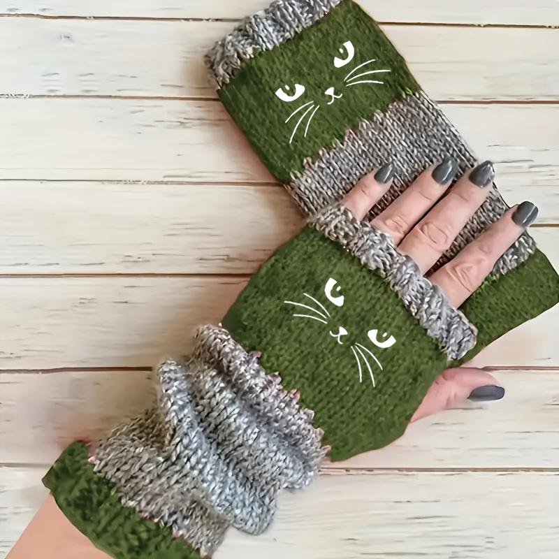 1 Paar Herbst-Winter Neue Katzenstickerei Farbkontrast Retro Warme Mode Offenfingerhandschuhe Verdickte Damen-Freizeithandschuhe