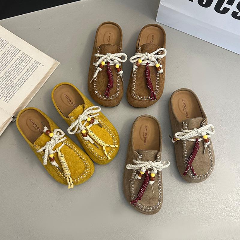 Fashion 2025 Autumn New Retro Flat Slippers Women's Round Toe Deep Mouth Platform Suede Front Lace-up Soft Slip Slides Women Slippers