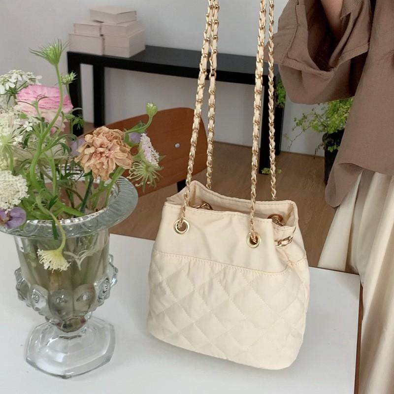 Premium Diamond Plaid Chain Bag Longxin Same Look Natural Cotton Cream Bundle Bag Small Size Bucket Bag Shoulder Bag Durable Material