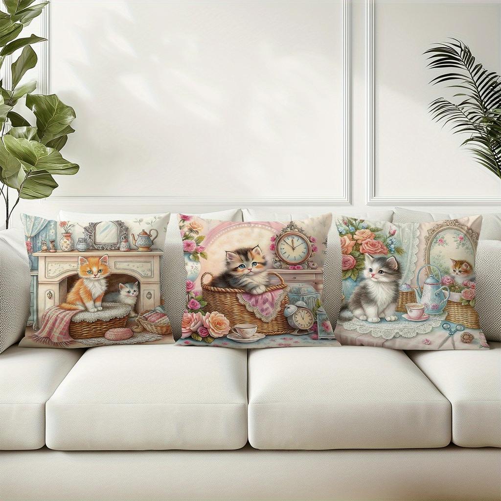 Vintage - Style Kitten Tea - Time Pillow CoversLiving Room Sofa Cushion Cover, Soft and Comfortable, Bedroom Room Decoration