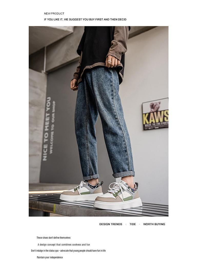 Höst Herr Vita Läder Casual Sportskor - Andningsbara Student Skate Sneakers Trendig Pappa Stil